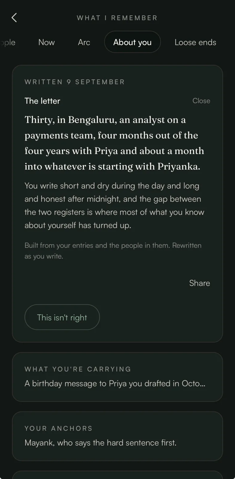 About You's current chapter — a short paragraph built from your own entries and the people in them, rewritten as you keep writing.
