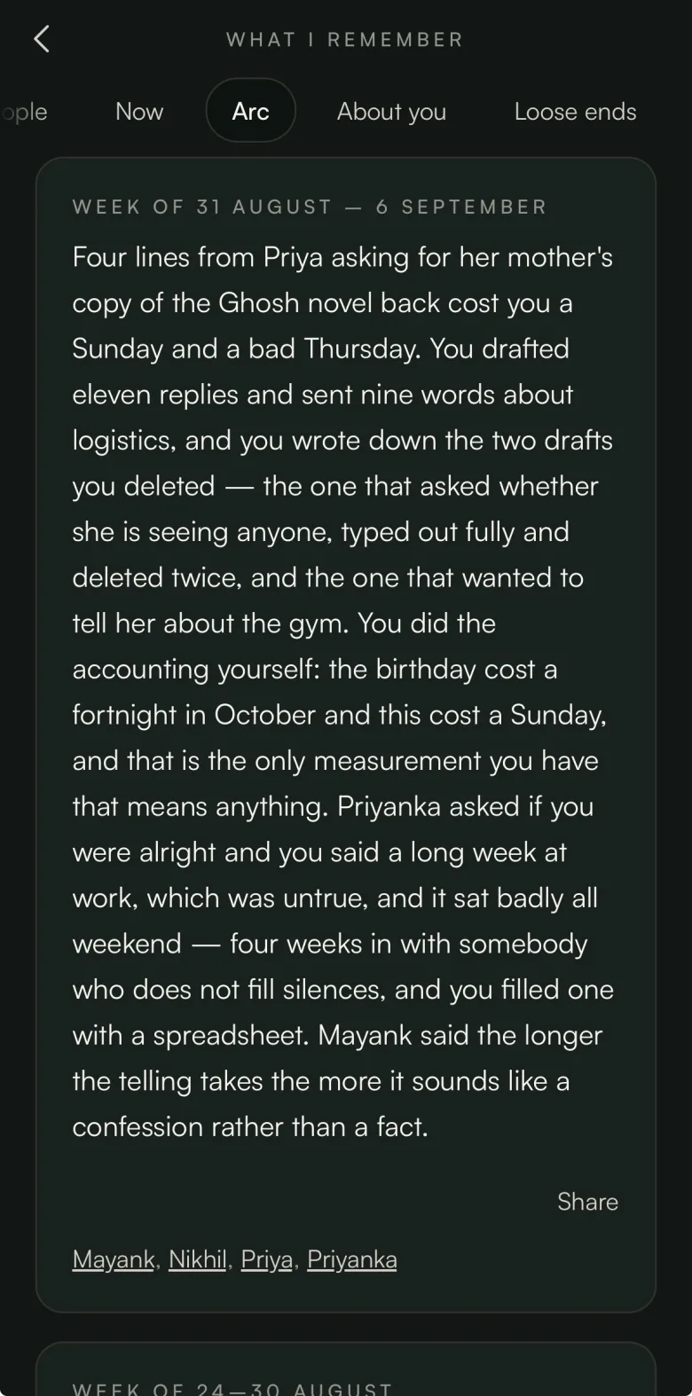 A person's Arc — the week-by-week shape of what you've written about them, in a short paragraph per week.