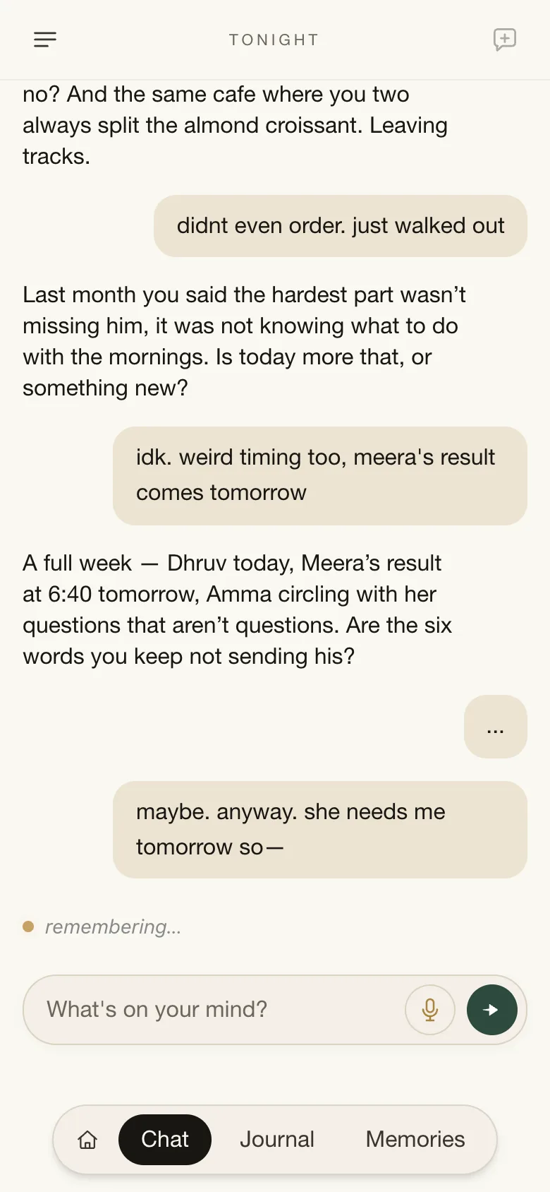 A late-night chat in Loopn — the cafe with the almond croissant, Dhruv nowhere in it, the six words still unsent; Loopn pauses to remember.