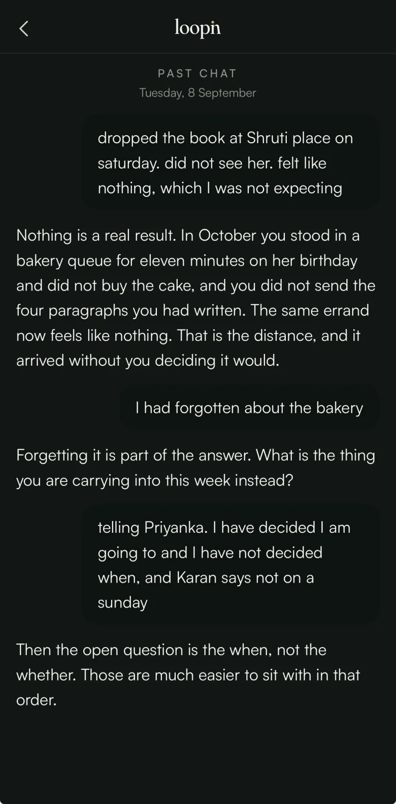 A chat with Loopn revisiting an earlier conversation, weighing what changed against what a past entry said.