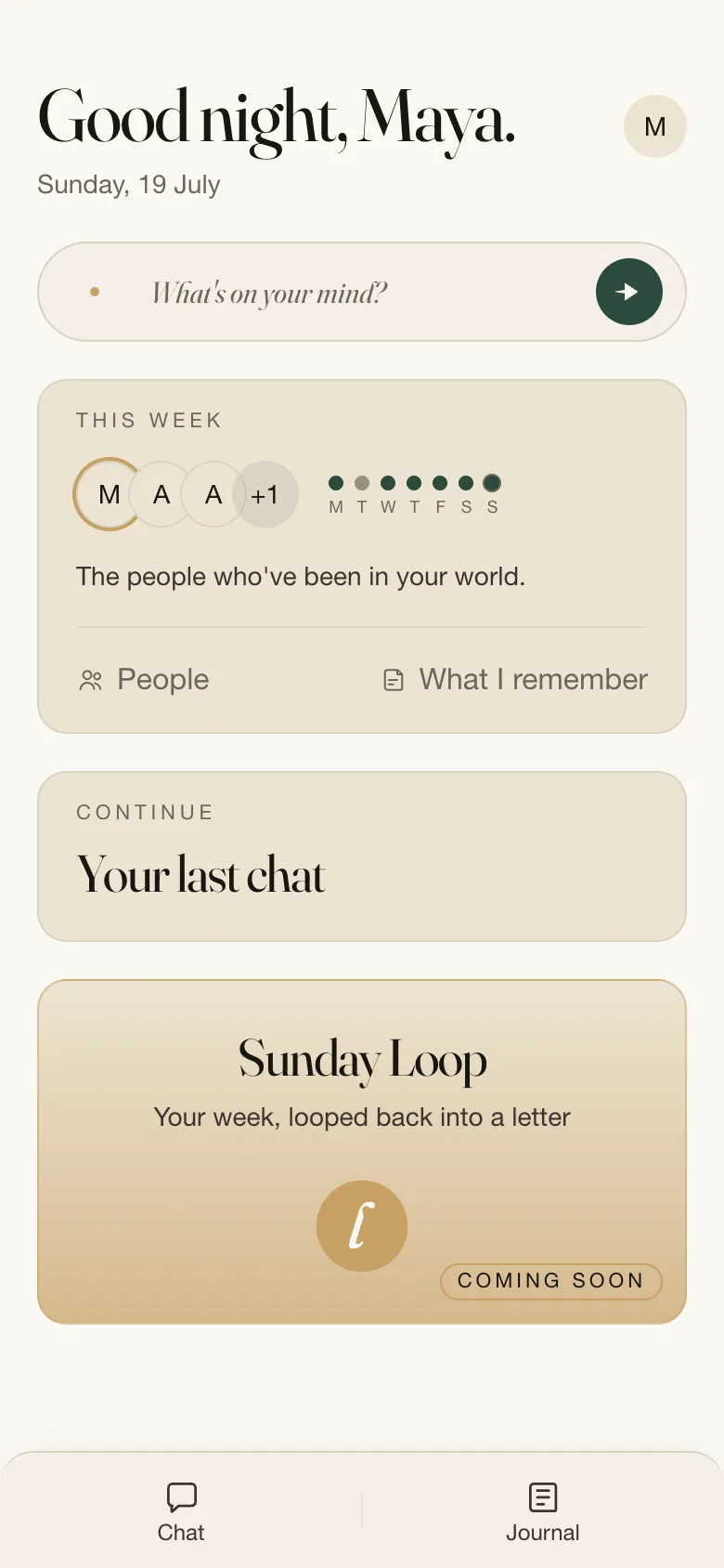 Loopn's home screen at night — a good-night greeting for Maya, her people and the week's writing so far, and Sunday's letter still to come.