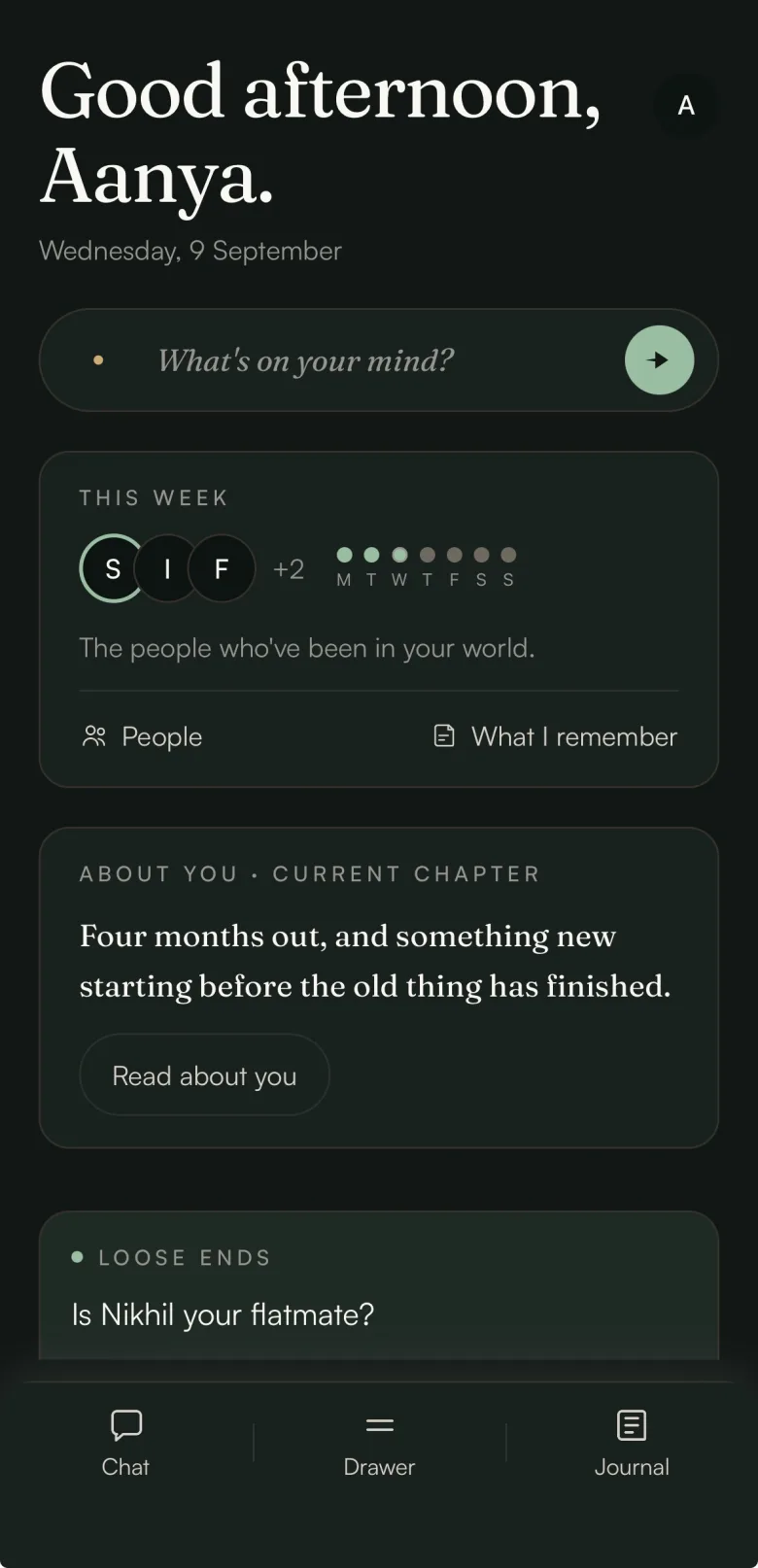 Loopn's home screen — a greeting, the week's people and writing so far, About You's current chapter, and a loose end waiting to be looped back.