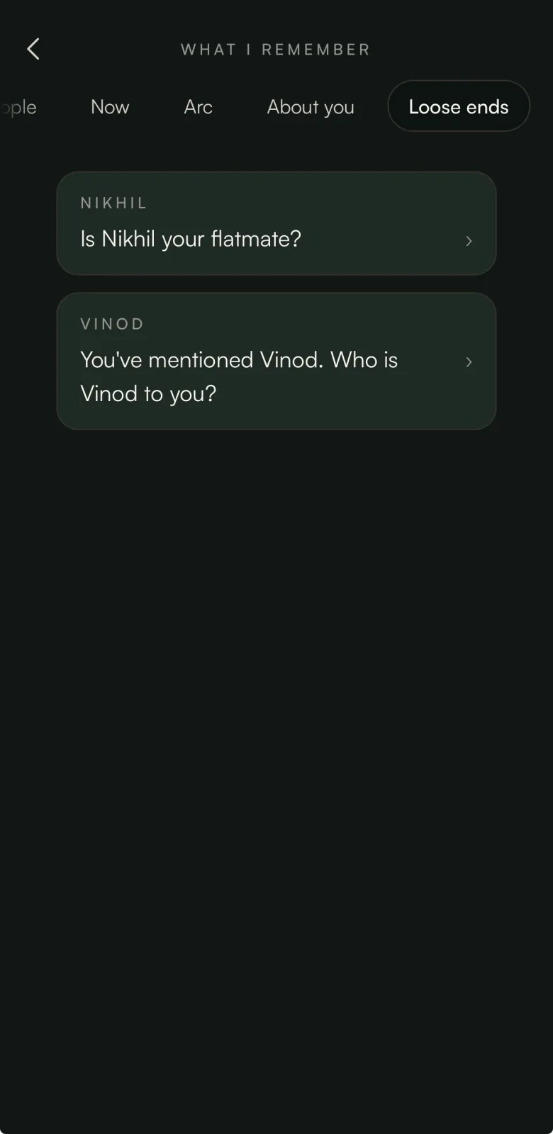 Loose Ends — short, specific questions about people or things you've mentioned once and not returned to, with the option to loop back or leave it for now.