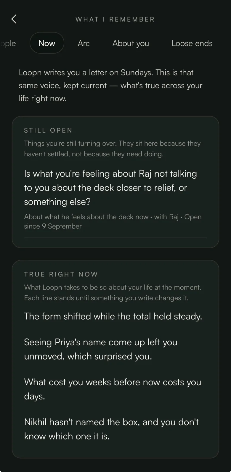 The Now tab — what's still open in your life, and short lines on what feels true about it at the moment, each standing until something you write changes it.