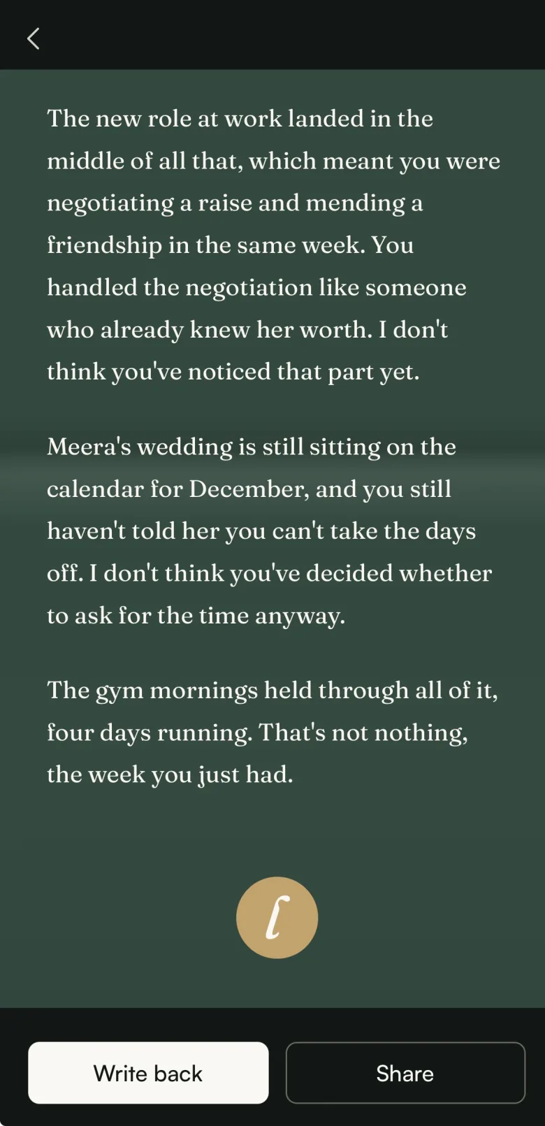 An opened Sunday letter, written back to you about the week — with the option to write back or share it.